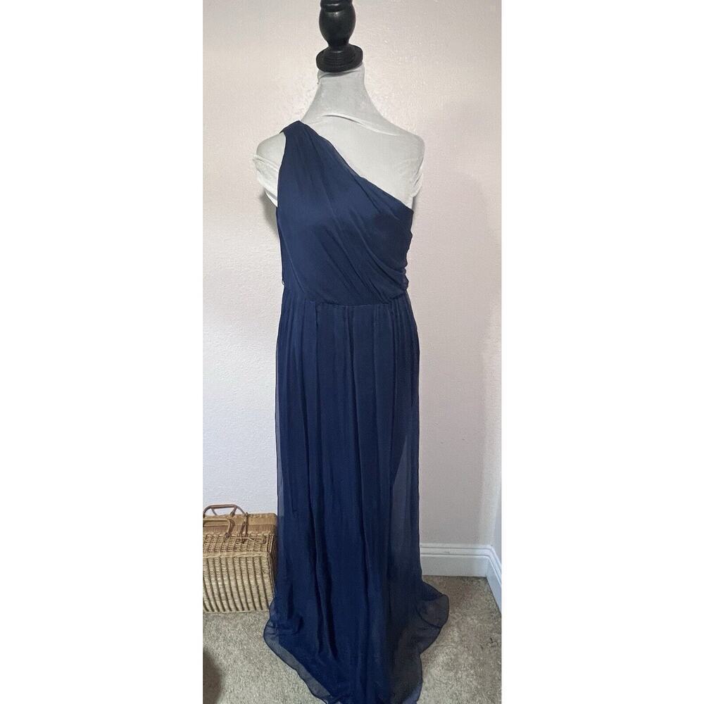 Amsale Sz 10 Navy Blue Silk Dress Formal One Shoulder Classic Bridesmaid Long